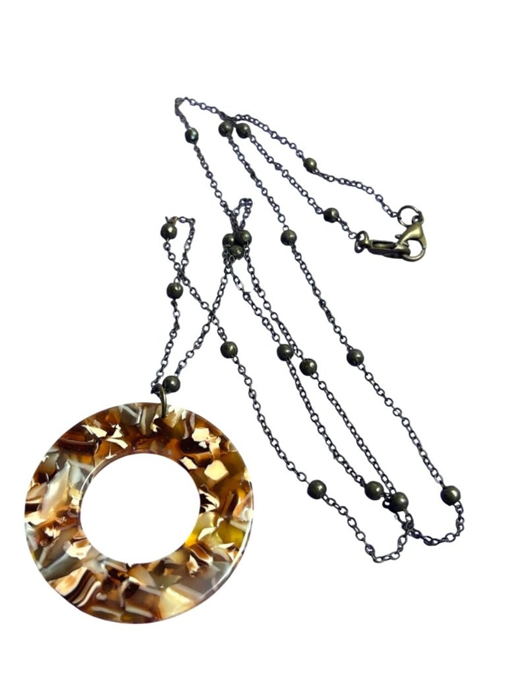 Acrylic Circle Ring Pendant Necklace Dark Metal Chain 26 inches Long